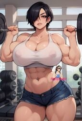 1girls abs ai_generated dumbbell female friki8otaku large_breasts make-up muscular_female short_hair tank_top whopper_girl