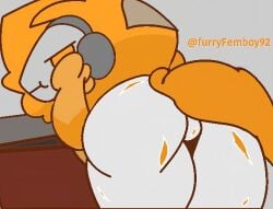 1boy 1boys ai_upscaled ass ass_focus bent_over bottomless butt_focus closed_eyes colored_skin from_behind furryfemboy_92 grey_background jaggy_lines multicolored_skin orange_hair protogen shiny_skin solo tail thighs twitter_username two-tone_skin upscaled