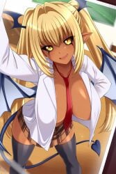 black_sclera blonde_hair dark-skinned_female dark_skin emma_(monster_musume) gyaru large_breasts lindaroze monster_musume_no_iru_nichijou school_uniform schoolgirl_uniform shirt_unbuttoned skirt stockings succubus succubus_tail succubus_wings tagme yellow_eyes