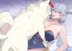 1boy 1girls azur_lane big_breasts blush breasts canid canine canine_penis cleavage erect_nipples erection hakuryuu hakuryuu_(azur_lane) hakuryuu_(slice_dice_and_serve)_(azur_lane) heart huhuhu4949 kissing nipples nude penetration penis pussy sex tongue tongue_out vagina vaginal_penetration vaginal_sex vein veiny_penis zoophilia