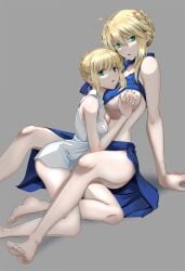 2girls ahoge artoria_pendragon artoria_pendragon_(lancer) artoria_pendragon_(saber) bangs bare_arms bare_legs bare_shoulders barefoot blonde_hair blue_ribbon blue_skirt blush braid braided_bun breast_grab breasts clothes_lift clothing dress fate/grand_order fate/stay_night fate_(series) feet female female_only french_braid grabbing green_eyes groping hair_between_eyes hair_bun hair_ornament hair_ribbon large_breasts legs long_hair looking_at_viewer multiple_girls nipples open_mouth parted_lips ribbon saber selfcest shirotsumekusa sidelocks single_hair_bun sitting skirt sleeveless small_breasts thighs tied_hair toes white_dress yuri