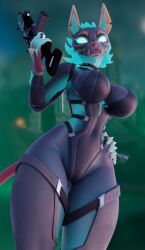 3d_(artwork) anthro big_breasts blue_eyes blue_hair breasts canid canid_demon canine cerberus_(fortnite) cerberus_(mayosplash) demon digital_media_(artwork) epic_games female fortnite glowing glowing_eyes gun hair hand_on_hip hellhound hi_res holding_gun holding_object holding_ranged_weapon holding_shotgun holding_weapon mammal mauve_suma mythological_canine mythological_creature mythology ranged_weapon rule_63 solo tail thick_thighs weapon