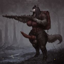 ai_assisted ai_generated aiming armor backsack black_hair canine_humanoid canine_penis crotch_cutout curvaceous curvy curvy_figure forest fur furry furry_only futa_only futanari glowing_eyes greaves greyscaler gun holding_weapon knot large_breasts legwear long_hair nipple_bulge nipple_outline ranged_weapon rifle river solo solo_futa tail testicles thick_thighs voluptuous_futanari weapon white_eyes white_fur wide_hips wolf_girl wolf_humanoid wrappings