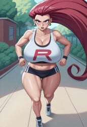 1girls ai_generated background big_thighs blue_eyes breathing curvy_figure excercise game_freak green_earrings huge_breasts jessie_(pokemon) jogging jogging_shorts massive_breasts nintendo pokemon red_hair round_breasts sneakers solo solo_female sports_bra steam street sweatdrop sweating sweating_female thick_eyebrows thick_eyelashes thick_legs wide_hips wristband