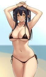 beach bikini black_hair cleavage elf elf_(houtengeki) female houtengeki large_breasts micro_bikini micro_bikini_top outdoors pointy_ears sideboob solo standing twintails underboob yellow_eyes