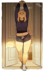 black_shorts blue_sweater hips indoors inside liz_(00niine) long_hair motion_lines nose shorts socks stretching sunlight sweater wide_hips yellow_body yellow_fur