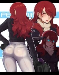 1girls absurdres ass ass_focus booty breasts female from_behind gun gun_to_head hair_over_one_eye handgun highres holding holding_gun holding_weapon jsq012 long_hair mitsuru_kirijo open_mouth pants pantylines parted_lips persona persona_3 red_eyes red_hair tight_clothes tight_pants weapon