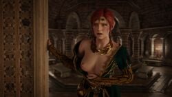 3d breasts dress female freckles light-skinned_female nipples nodern03 red_hair solo the_witcher_(series) the_witcher_3:_wild_hunt triss_merigold