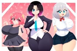 3girls big_breasts big_butt black_hair blue_eyes dark_hair elma_(dragon_maid) ilulu_(dragon_maid) miss_kobayashi's_dragon_maid office_lady pink_eyes pink_hair school_uniform schoolgirl shortstack silver_hair skirt tejina_senpai tejina_senpai_(character) tejina_senpai_(series) thick_thighs thighhighs xan-gelx(xan)