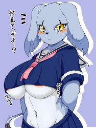 3:4 absurd_res anthro areola bandai_namco big_breasts blush breasts clothed clothing digimon digimon_(species) female fur gazimon hi_res looking_at_viewer mammal megane_inu simple_background solo