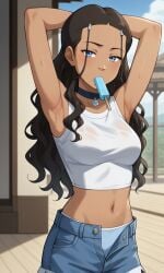 ai_generated ass avatar_legends avatar_the_last_airbender bigmic145 bra breasts clothed clothed_female clothing katara navel nickelodeon panties popsicle see-through see-through_clothing shorts solo solo_female sweat tank_top wet wet_clothes wet_clothing