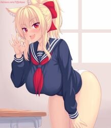 big_ass big_breasts blonde_hair cat_ears catgirl ok_sign panties patreon patreon_username ponytail red_eyes school_uniform schoolgirl seifuku suggestive_gesture tiffy tiffynyaa