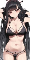 1girls absurdres black_bra black_hair black_halo black_panties blue_archive bra female halo highres lace lace_bra lace_panties lingerie long_hair multi-strapped_panties navel panties panty_straps red_eyes rio_(blue_archive) underwear underwear_only very_long_hair wakamepiza