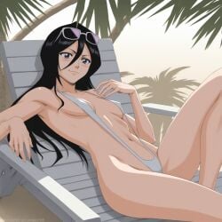 1girls ai_generated ambrose beach black_hair bleach blush kuchiki_rukia laying_down long_hair lounge_chair petite purple_eyes self_upload sling_bikini small_breasts smug_face stable_diffusion sunbathing sunglasses_on_head