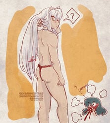 1boy animal_ears aquarina back_view canon_couple chibi dog_ears fundoshi husband_and_wife inuyasha inuyasha_(character) kagome_higurashi male male_focus nosebleed