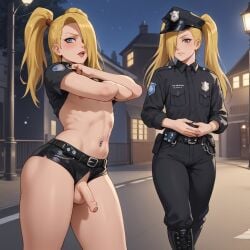 1boy ai_generated balls belly blonde_hair blue_eyes blush deidara femboy male naruto naruto_(series) naruto_shippuden nipples police police_uniform sissy small_penis smaller_male street text tongue_out twintails yaoi