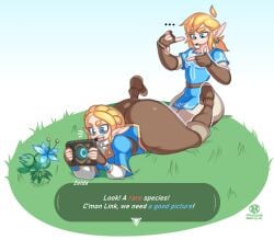 1boy 1girls ass ass_focus big_ass blonde_hair blue_eyes bottom_heavy confused fat_ass female fully_clothed huge_ass huge_thighs laying_down laying_on_stomach leggings link link_(breath_of_the_wild) male massive_ass nintendo onaeane princess_zelda round_ass the_legend_of_zelda thick_ass thick_thighs tight_clothing wide_hips zelda_(tears_of_the_kingdom)