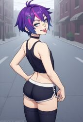 1boy ai_generated ambrose ass back_view bandage_on_nose blue_eyes brat choker femboy genderswap_(ftm) melody_(projektmelody) multicolored_hair petite projektmelody purple_hair rule_63 self_upload short_hair shorts smug_face stable_diffusion tank_top teasing thighhighs tongue_out virtual_youtuber vshojo vtuber workout_clothes