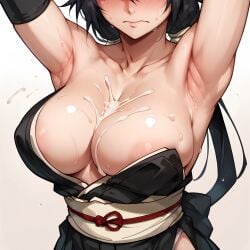 1girls absurd_res absurdres ai_generated areola_slip armpits arms_behind_head arms_up black_hair cum cum_on_body cum_on_breasts embarrassed hi_res high_resolution highres kimono medium_breasts minjad original original_character stable_diffusion sweat wavy_mouth