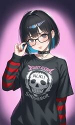 1girls ai_generated black_hair blue_highlights bob_cut choker dick_sucking_lips ear_piercing earrings emo first_porn_of_character glasses jack_(kosine1777) kosine1777 kosineverse large_breasts necklace original original_character puffy_lips punk shirt short_hair skull striped_sleeves t-shirt