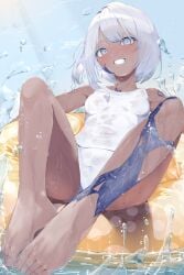 bathing_suit blue_eyes bob_cut crystal indie_vtuber kayo_6795 monster_girl scar scratched_eye short_hair small_breasts swimsuit tan_skin transparent_clothing vtuber vtuberfanart water water_ring white_hair