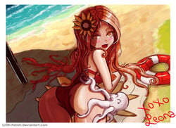 2015 ass beach brown_eyes brown_hair female league_of_legends leona_(league_of_legends) lilith-fetish pool_party_leona pool_party_series squid sunflower swimsuit