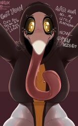 female glowing_eyes imminent_sex long_tongue margaret_(vetisx) plague_doctor plague_doctor_mask sweaty_thighs tagme tongue_out vetisx