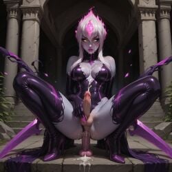 ai_generated anal blindparty civitai cum_on_body cum_on_breasts cum_on_face cumshot dildo evelynn facial flame_hair futanari high_heels league_of_legends masturbation penis pink_fire sex_toy solo tentacle weapon white_hair yellow_eyes