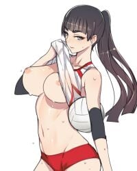 ban!_(bansankan) big_nipples ebino_mei gym_uniform huge_breasts lifted_shirt short_shorts sweating volleyball