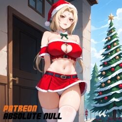 1girls absolute_null ai_generated blonde_hair christmas christmas_outfit large_breasts long_hair naruto naruto_(series) panties santa_costume santa_hat skirt solo tsunade