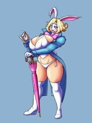 blonde_hair blue_eyes blush bowtie bustier coat face_paint fanart gloves ivanpanced_(artist) large_breasts long_boots marvel marvel_comics pocket_watch rabbit_ears self_upload simple_background spider-man_(series) thick_lips thick_thighs thigh_high_boots umbrella white_rabbit_(marvel) wide_hips