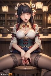 1girls ai_generated black_hair blunt_bangs blush breasts capcom cleavage cup eyeshadow female_masturbation fewer_digits fingering hair_ornament hi_res hinoa indoors large_breasts long_hair looking_at_viewer makeup masturbation monster_hunter open_mouth pantyhose pointy_ears pussy pussy_juice rule34lab sitting skirt solo spread_legs tongue tongue_out torn_clothes torn_pantyhose wyverian yellow_eyes