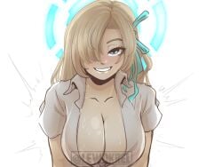 asuna_(blue_archive) big_breasts blonde_hair blue_archive blue_eyes blush cleavage grinning_at_viewer hair_over_one_eye hair_ribbon krello_after_dark long_hair open_shirt sweat sweaty_breasts