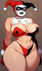 ai_generated batman_(series) big_breasts blue_eyes daidouji_(artist) daidoujipv dc_comics female harley_quinn harley_quinn_(classic) jester_cap jester_hat lipstick makeup solo solo_focus underwear wide_hips