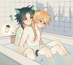 2boys aether_(genshin_impact) bath bathing bathing_together bathroom blonde_hair blush cat_ears embarrassed femboy gay genshin_impact holding ponytail tattoo teal_hair xiao_(genshin_impact) yaoi