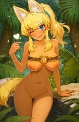 1girls belt blonde_hair blue_eyes brown_skin censored ear face_markings female female_only liru nipples ponytail renkin_san-kyuu_magical_pokaan smile smiling tail winking_at_viewer