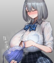 blue_bow blue_bowtie blue_bra blush bow bowtie bra breasts closed_eyes female grey_background grey_hair highres hololive huge_breasts mikage_77777 removing_bra_under_shirt school_uniform shirogane_noel shirt short_hair simple_background skirt solo underwear virtual_youtuber white_shirt