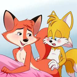 2017 age_difference ambiguous_penetration anthro ass big_butt big_eyes big_head blue_eyes blush breasts canine crossover darma duo female flat_chested fox from_behind_position fur hand_on_ass hi_res lonbluewolf male mammal nipples nude on_stomach open_mouth penetration red_fur rock_dog sex simple_background small_breasts smile sonic_(series) straight sweat tails toony yellow_fur young younger_male