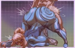 1boy 1futa 2024 2d 2d_(artwork) absurd_res absurdres ass big_ass big_butt blonde_futa blonde_hair bodily_fluids bodysuit clothed clothed_futanari clothed_sex clothing cum cumming cumming_while_penetrated duo face_down_ass_up female_focus filled_condom futanari futanari_penetrated genital_fluids genitals heart heart-shaped_pupils heart_eyes looking_pleasured male/futa male_penetrating male_penetrating_futa mawiedz metroid motion_lines nintendo samus_aran tongue tongue_out zero_suit_samus