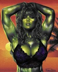 1girls armpits big_breasts bra breasts cleavage female green_skin kevin_chua lingerie marvel marvel_comics muscular muscular_female she-hulk solo