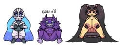 anthro armor_plates aron big_breasts black_hair blue_eyes blue_hair blush breasts digital_media_(artwork) female gdei generation_3_pokemon group hair hi_res looking_at_viewer mawile nintendo nipples nude pink_nipples pokemon pokemon_(species) presenting purple_body purple_hair sableye small_breasts spread_legs spreading yellow_body