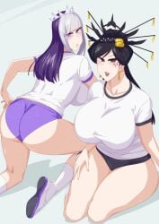 2girls big_breasts black_hair female female_only grey_eyes iroki karras_(king-ohger) multiple_girls ohsama_sentai_king-ohger otokam1117 super_sentai white_and_purple_hair white_shirt