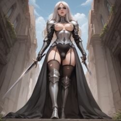 ai_generated angelise_reiter armor armored_boots armored_female blindparty blue_eyes civitai futanari high_heels nudity panties penis_bulge solo sword white_hair