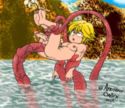 1boy ahe_gao anal anal_sex ancient-onyx arms_behind_back balls blonde_hair bondage erect_penis erection gay lifted male male_only malesub meliodas monster nanatsu_no_taizai penis solo tentacles veiny_penis water yaoi