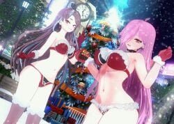 3d 3d_(artwork) 3d_model big_breasts blush breasts brown_hair christmas christmas_bikini christmas_tree day emikukis latam_virtual_youtuber long_hair looking_at_viewer multicolored_hair multiple_girls neneefthy outdoors pink_hair public sky_blue_hair socks tagme thighs virtual_youtuber vtuber vtuberfanart yeizer yellow_eyes