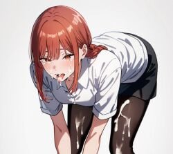 1girls ai_generated chainsaw_man cum cum_in_mouth cum_on_clothes cum_on_face cum_on_leg cum_on_legs cum_on_tongue legwear makima_(chainsaw_man) morindar red_hair shirt tears tongue tongue_out white_shirt yellow_eyes