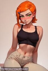 ai_generated ben_10 big_ass blush cargo_pants gwen_tennyson gwen_tennyson_(classic) hair looking_at_viewer medium_breasts orange orange_hair pose ryuuziken01 short_hair smile smiling_at_viewer