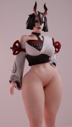 1girls big_breasts clothed fortnite horns night_rose no_panties solo
