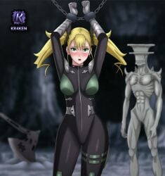 1girls blonde_hair blush bodysuit breasts captured cave female female_focus fit_female green_eyes kaiju_no.8 kaiju_no.9 kikoru_shinomiya kr4ken light-skinned_female medium_breasts monster png restrained restrained_arms twintails weapon