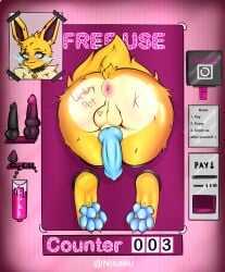 absurd_res animal_genitalia animal_penis anthro anus ass big_penis butt_focus canine_genitalia canine_penis dildo eeveelution fan_character free_use generation_1_pokemon genitals hi_res interspecies jolteon male nintendo nisaku nude pawpads paws penis pokemon pokemon_(species) pokephilia portrait public_use scar sex_toy yellow_body